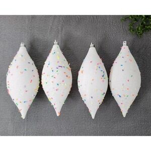 White Glitter Beaded Teardrop Christmas Tree Ornaments Sprinkles 7" Plastic 4 Pc